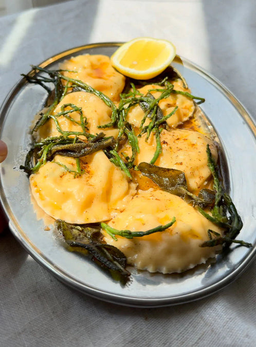 Crab Ravioli with Ricotta, Tarragon & Lemon-Sage Butter Sauce
