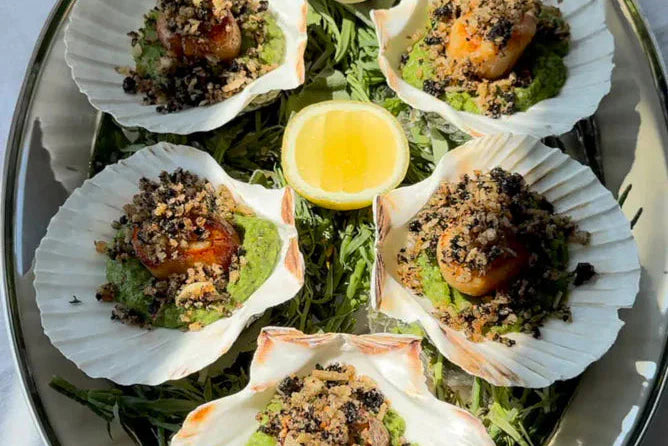 Seared Scallops with Minted Pea Purée & Boudin Noir Crumb