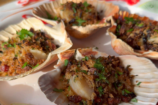 Grilled Christmas Scallops with Pancetta Crumbs